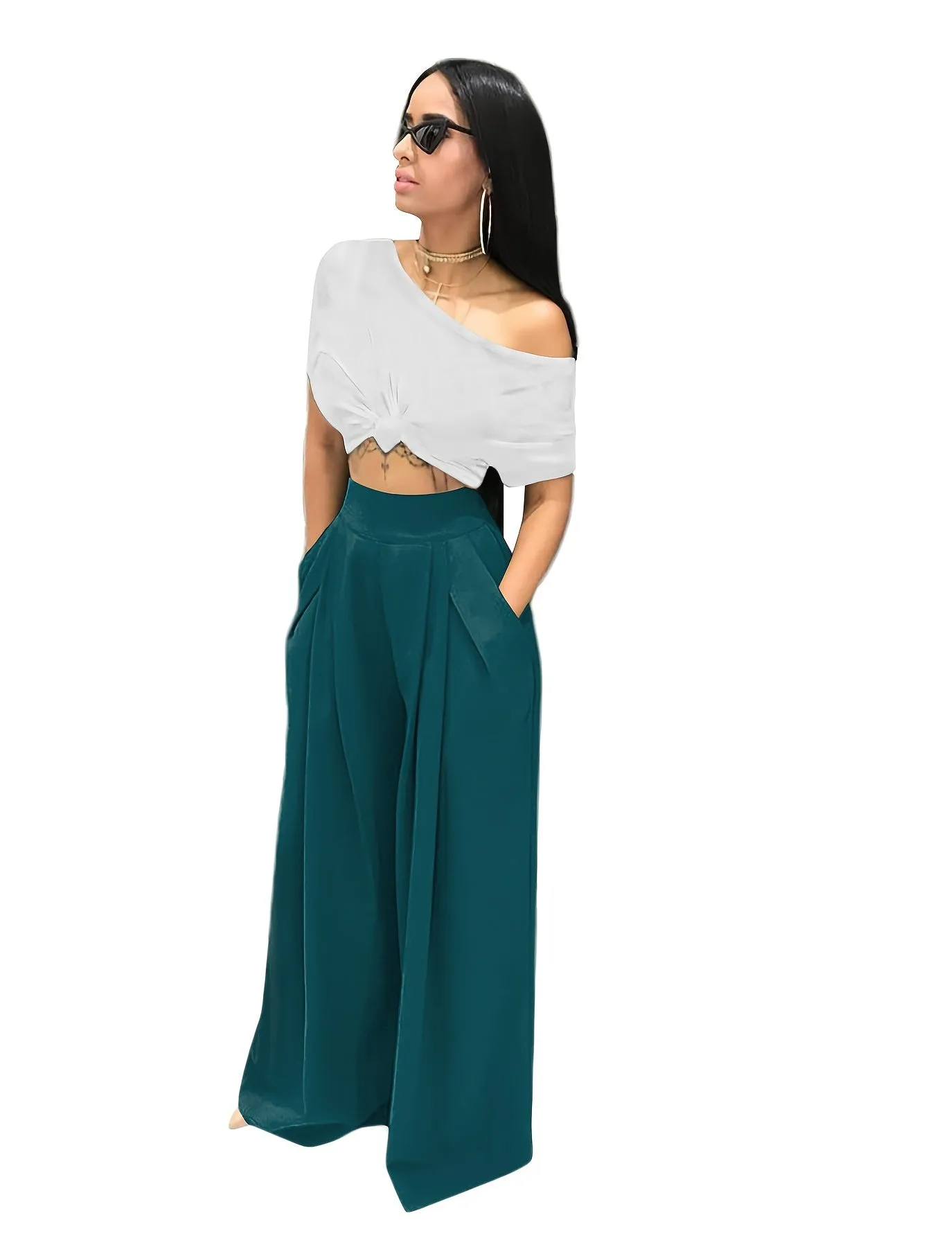 Loose Straight Flare Casual Pocket High Waist Solid Wide Leg Fashion Comfy Pants