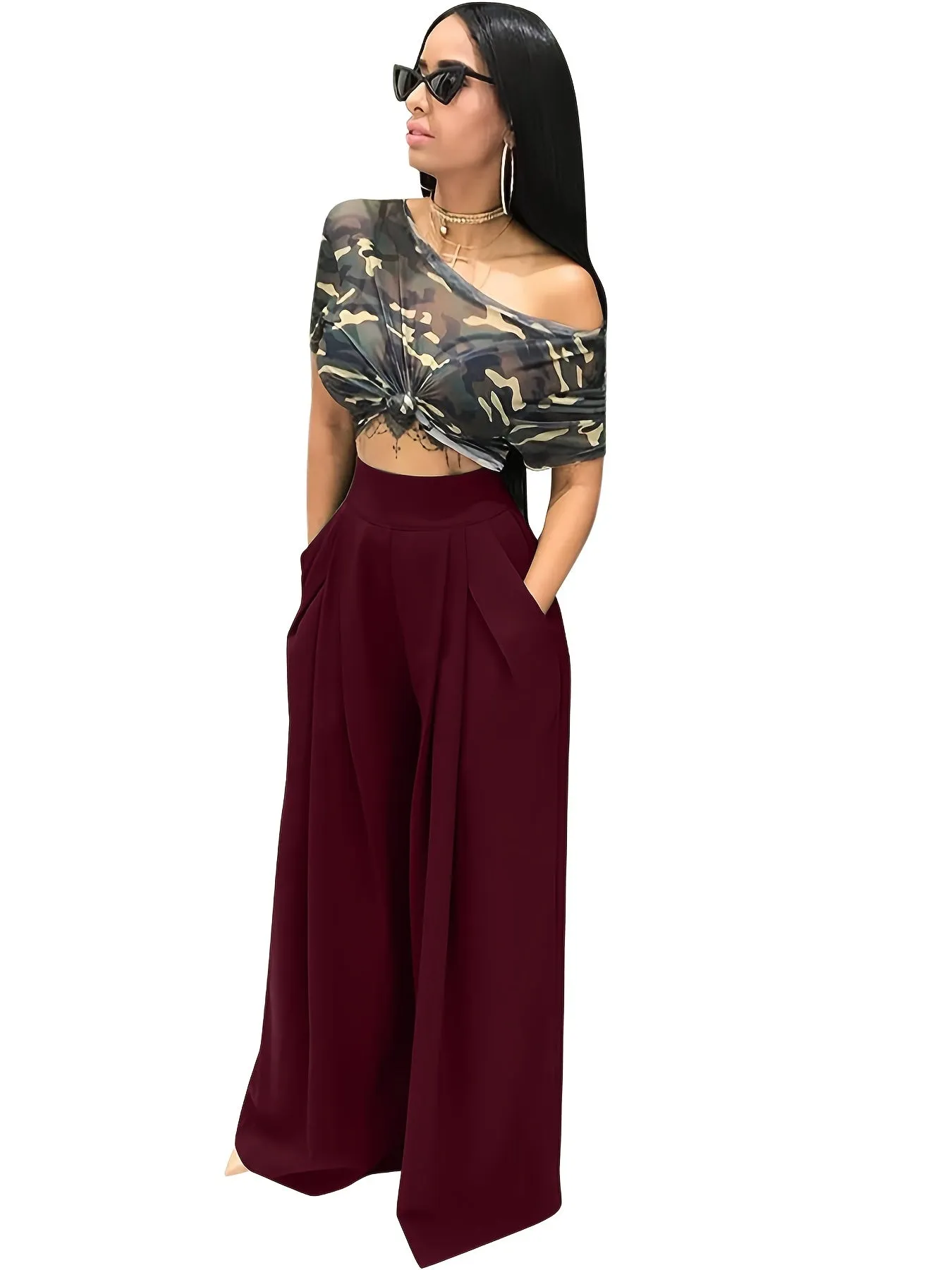 Loose Straight Flare Casual Pocket High Waist Solid Wide Leg Fashion Comfy Pants