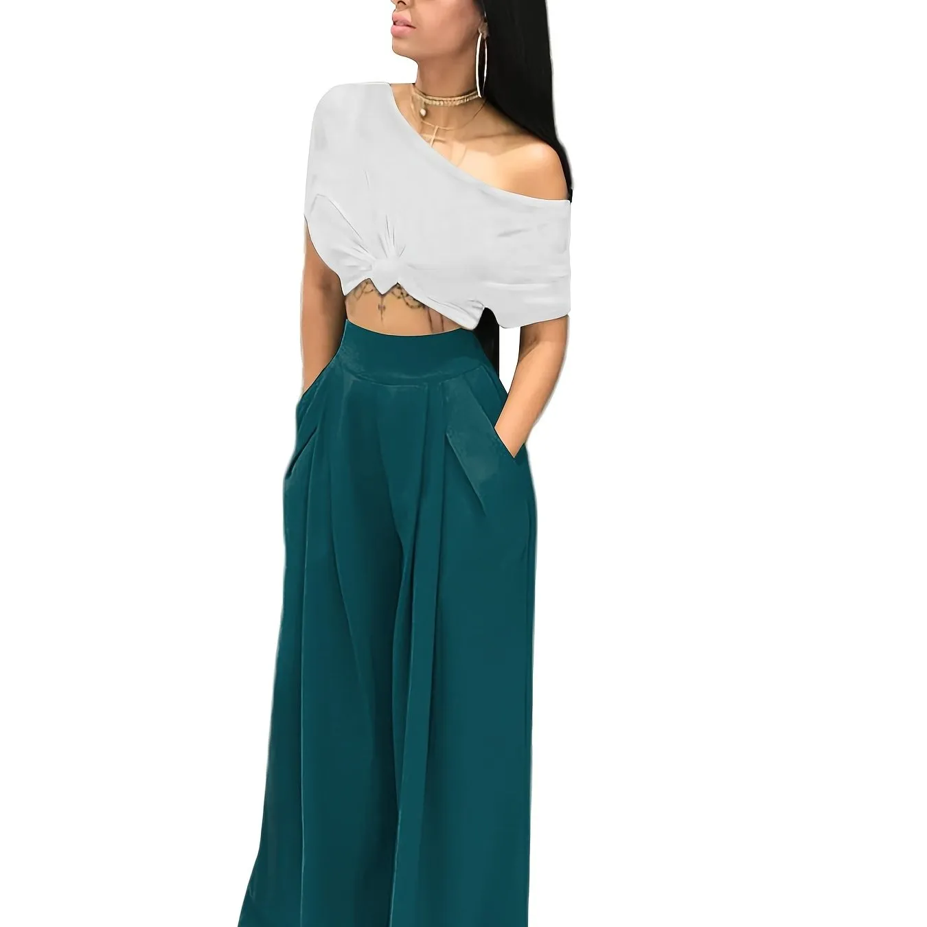 Loose Straight Flare Casual Pocket High Waist Solid Wide Leg Fashion Comfy Pants