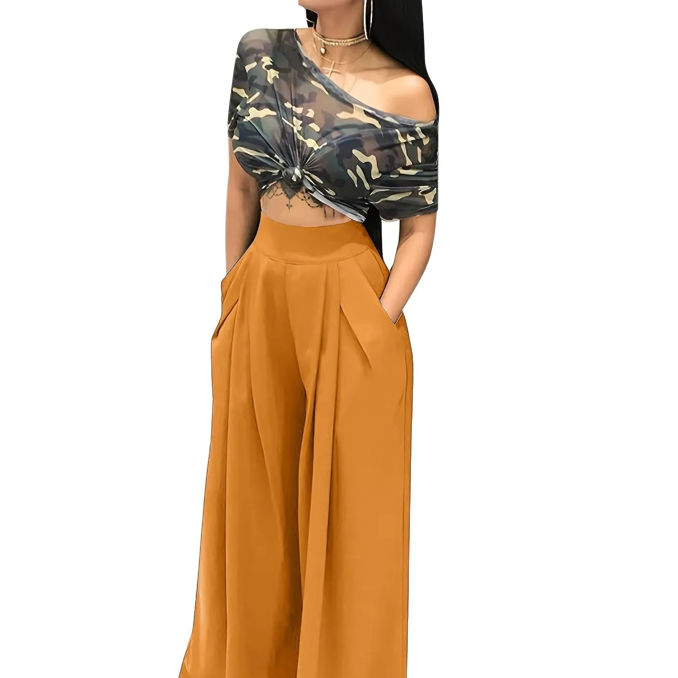 Loose Straight Flare Casual Pocket High Waist Solid Wide Leg Fashion Comfy Pants