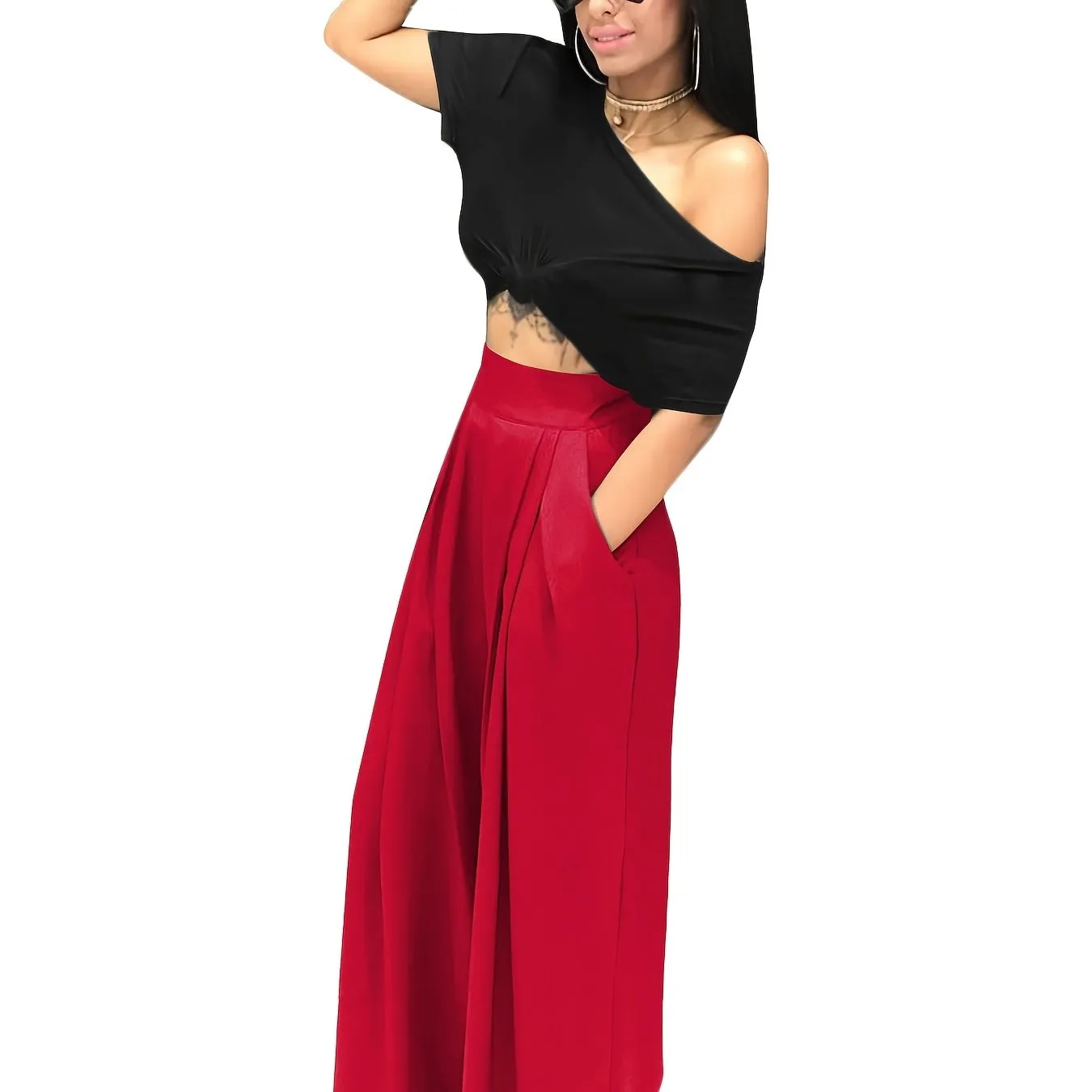 Loose Straight Flare Casual Pocket High Waist Solid Wide Leg Fashion Comfy Pants