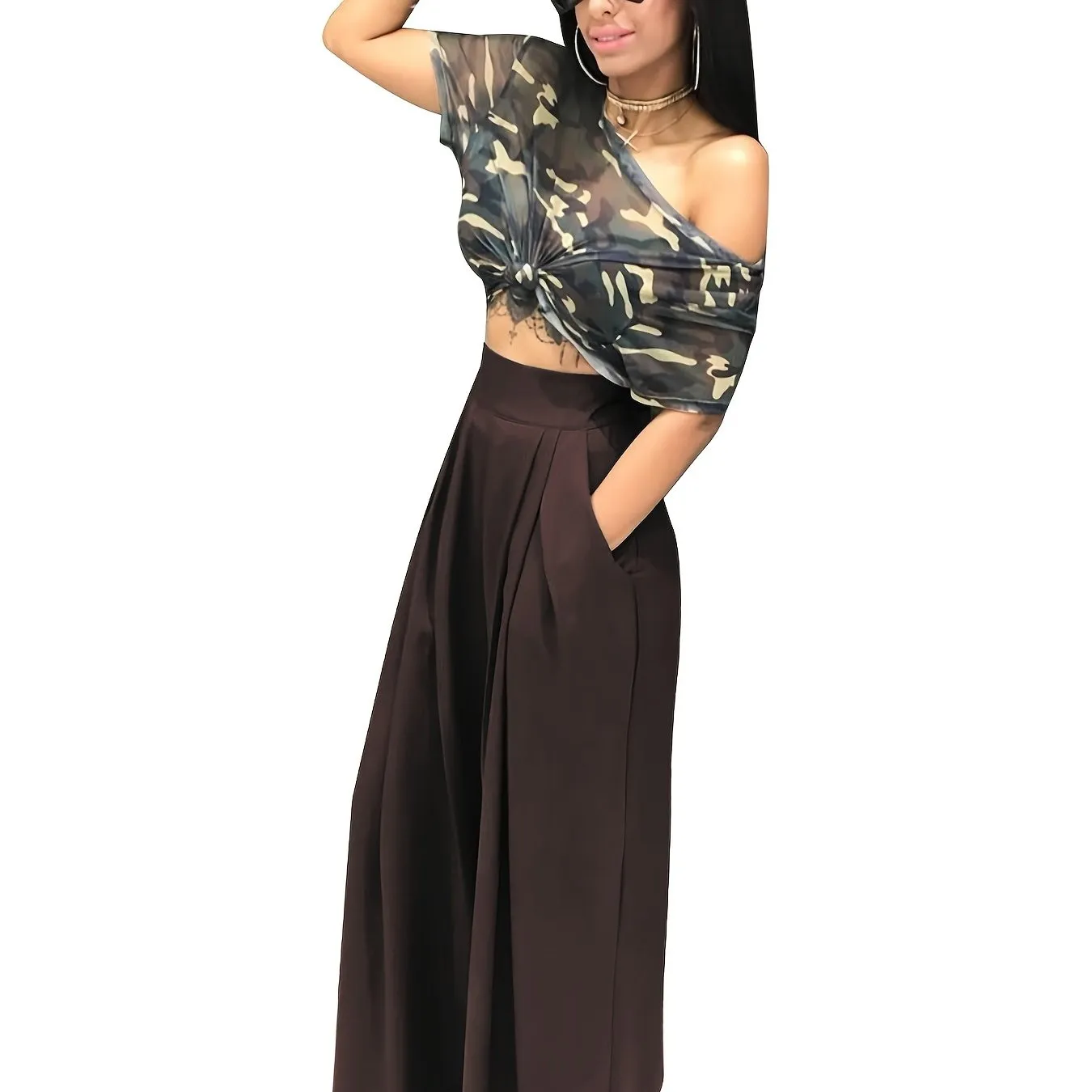Loose Straight Flare Casual Pocket High Waist Solid Wide Leg Fashion Comfy Pants