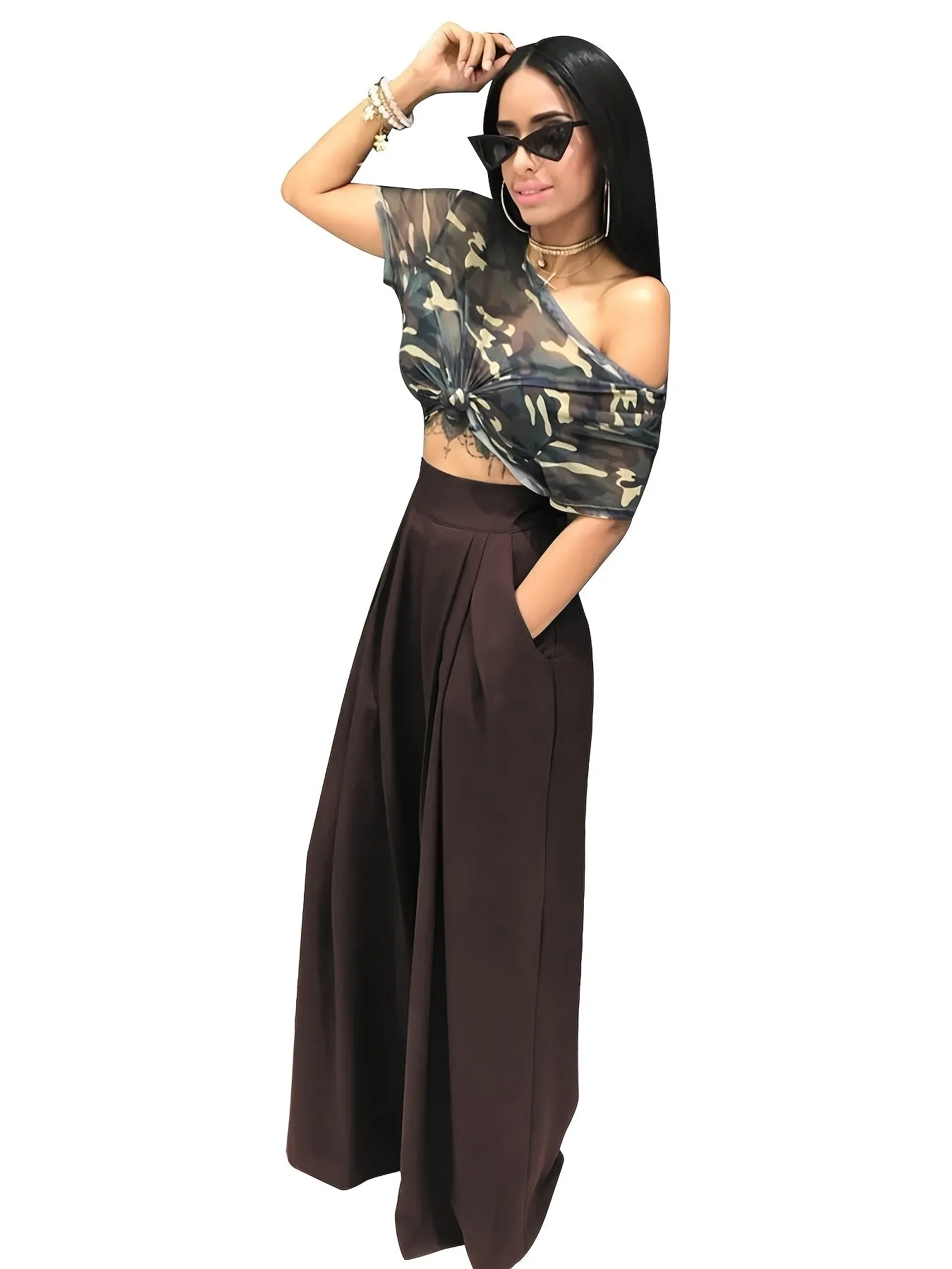 Loose Straight Flare Casual Pocket High Waist Solid Wide Leg Fashion Comfy Pants