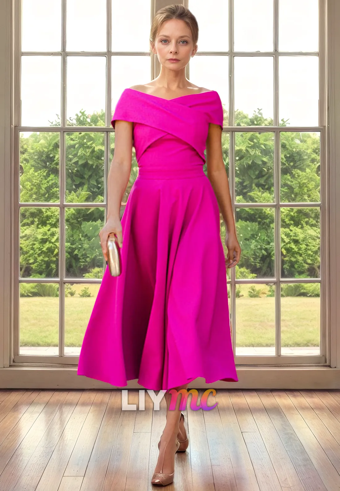 M1260 - Off-Shoulder Sleeves Pleated A-Line Chiffon Mother of Bride Dress Cocktail Dress