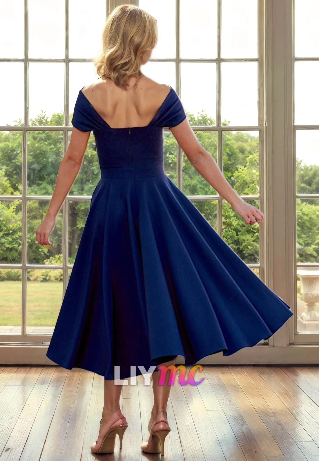 M1260 - Off-Shoulder Sleeves Pleated A-Line Chiffon Mother of Bride Dress Cocktail Dress