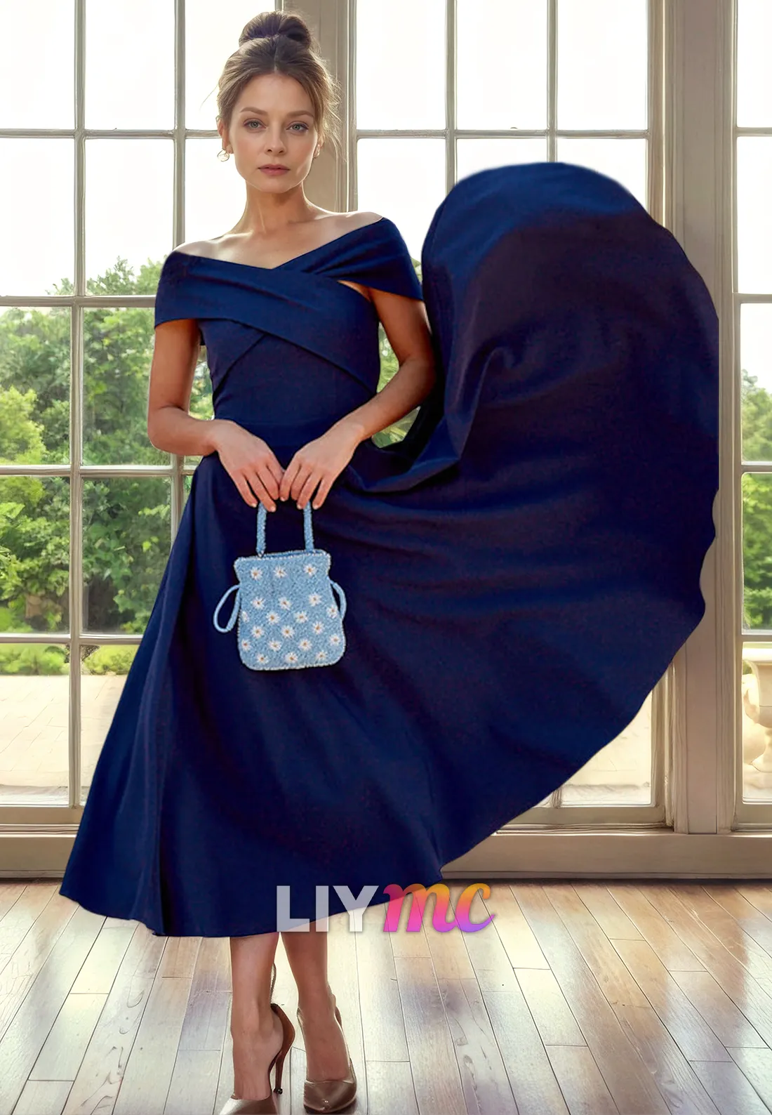 M1260 - Off-Shoulder Sleeves Pleated A-Line Chiffon Mother of Bride Dress Cocktail Dress