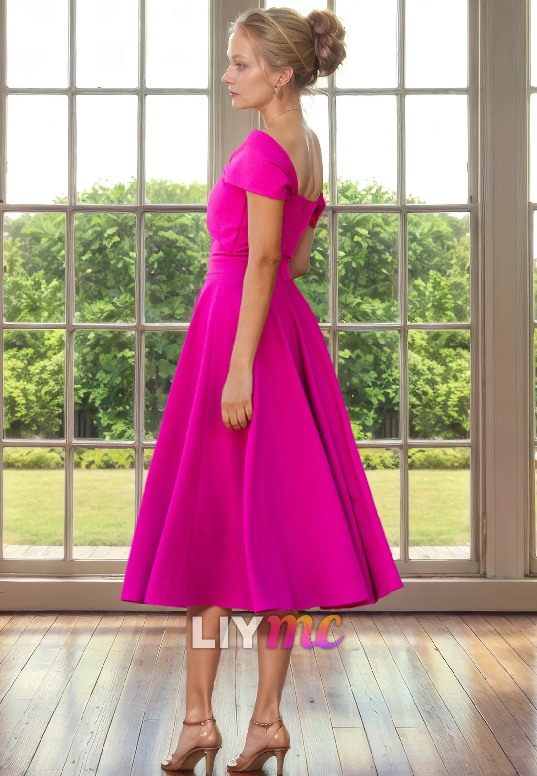 M1260 - Off-Shoulder Sleeves Pleated A-Line Chiffon Mother of Bride Dress Cocktail Dress