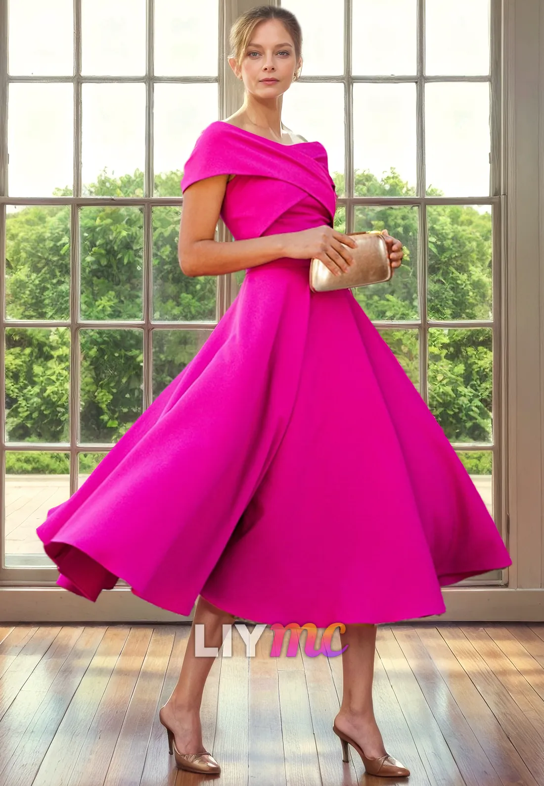 M1260 - Off-Shoulder Sleeves Pleated A-Line Chiffon Mother of Bride Dress Cocktail Dress