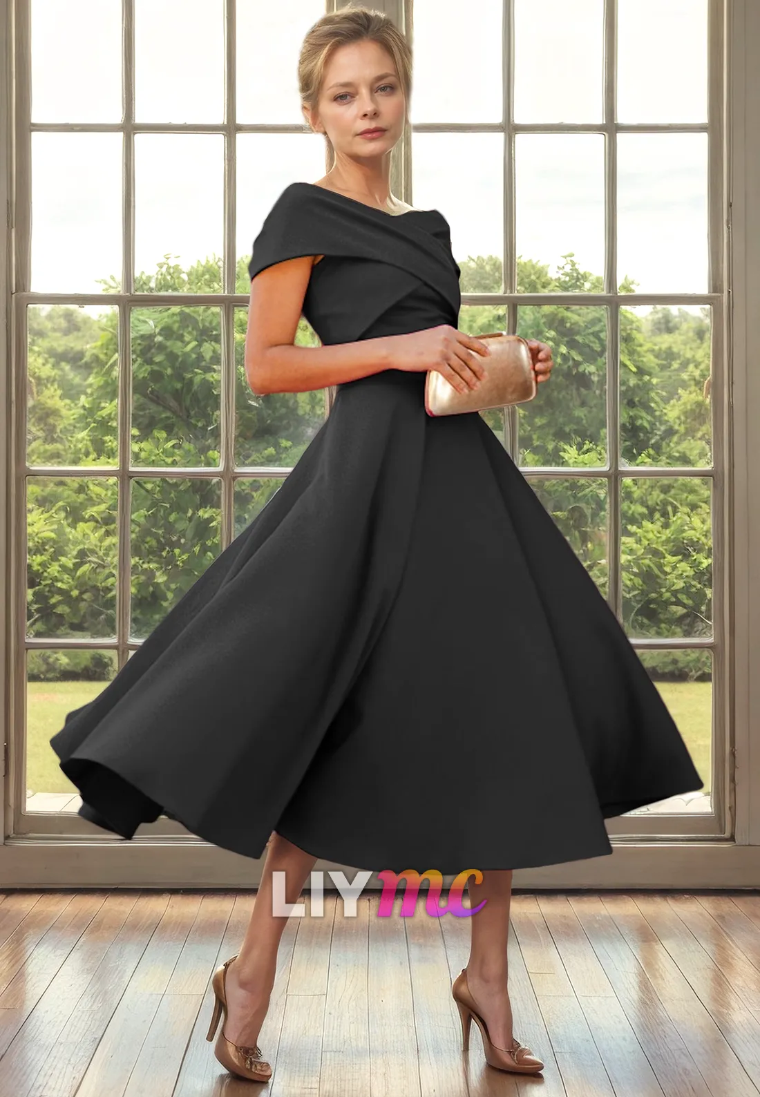 M1260 - Off-Shoulder Sleeves Pleated A-Line Chiffon Mother of Bride Dress Cocktail Dress