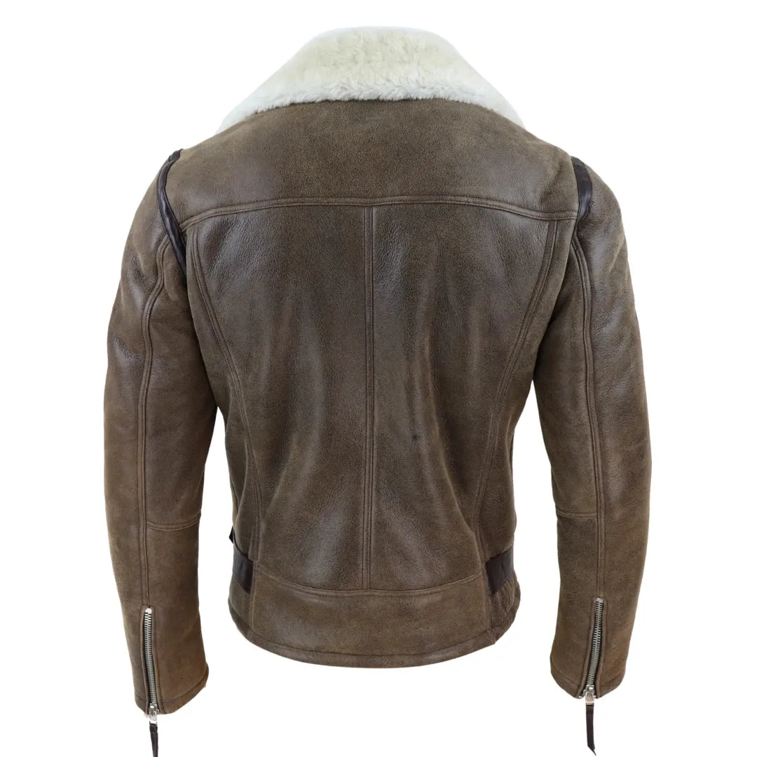 Men's Sheepskin Cross Zip Flying Jacket Pilot Flight Belt Fit Brando