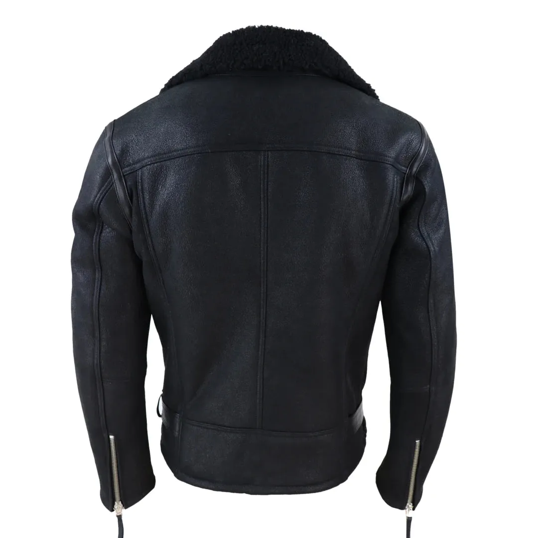Men's Sheepskin Cross Zip Flying Jacket Pilot Flight Belt Fit Brando