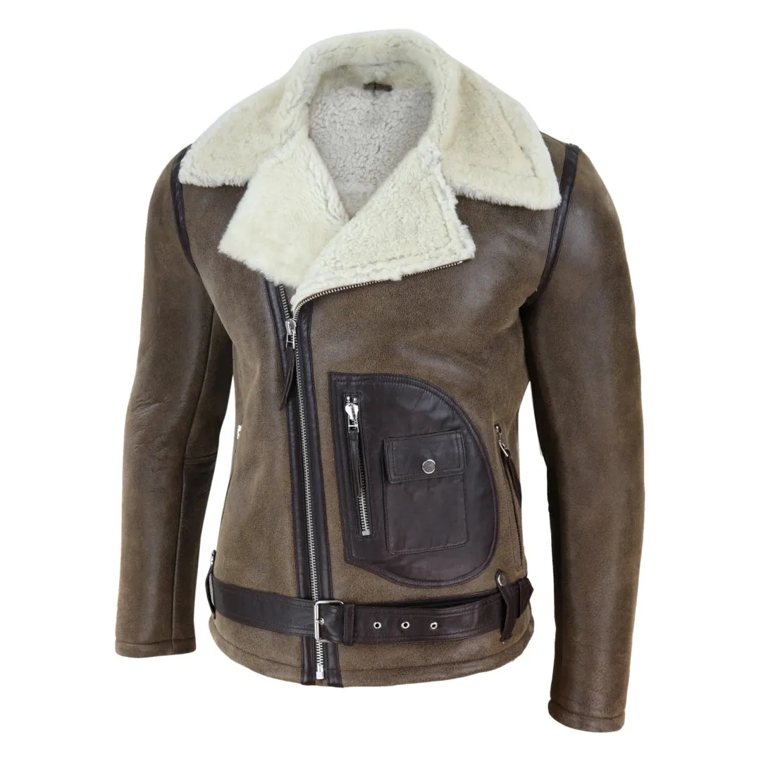 Men's Sheepskin Cross Zip Flying Jacket Pilot Flight Belt Fit Brando