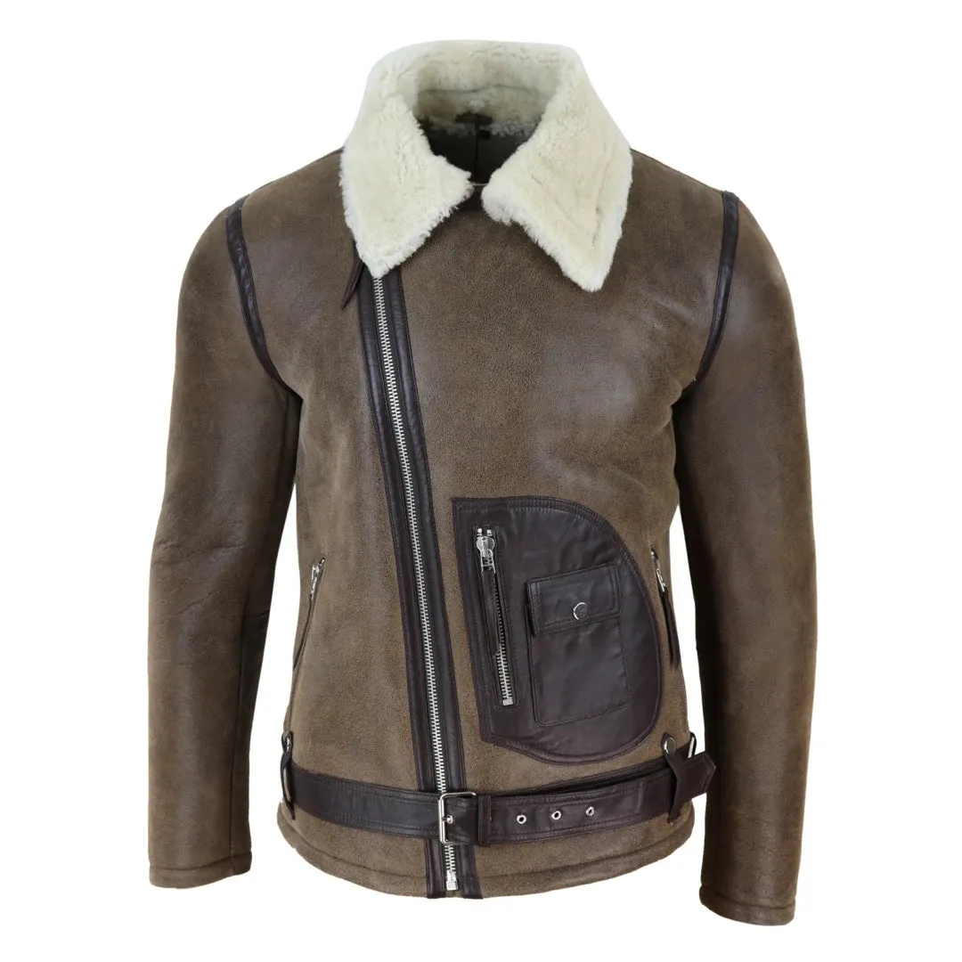 Men's Sheepskin Cross Zip Flying Jacket Pilot Flight Belt Fit Brando