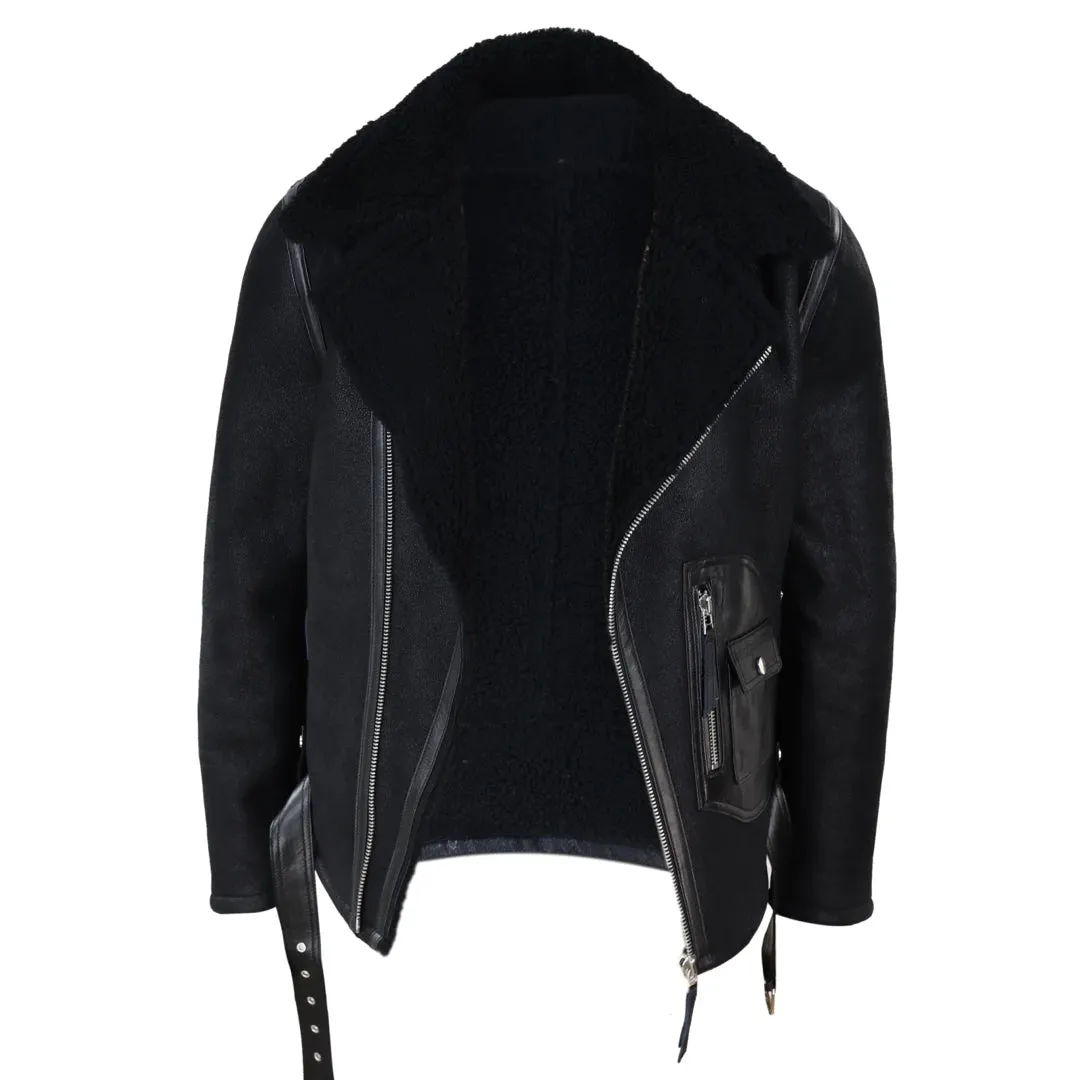 Men's Sheepskin Cross Zip Flying Jacket Pilot Flight Belt Fit Brando