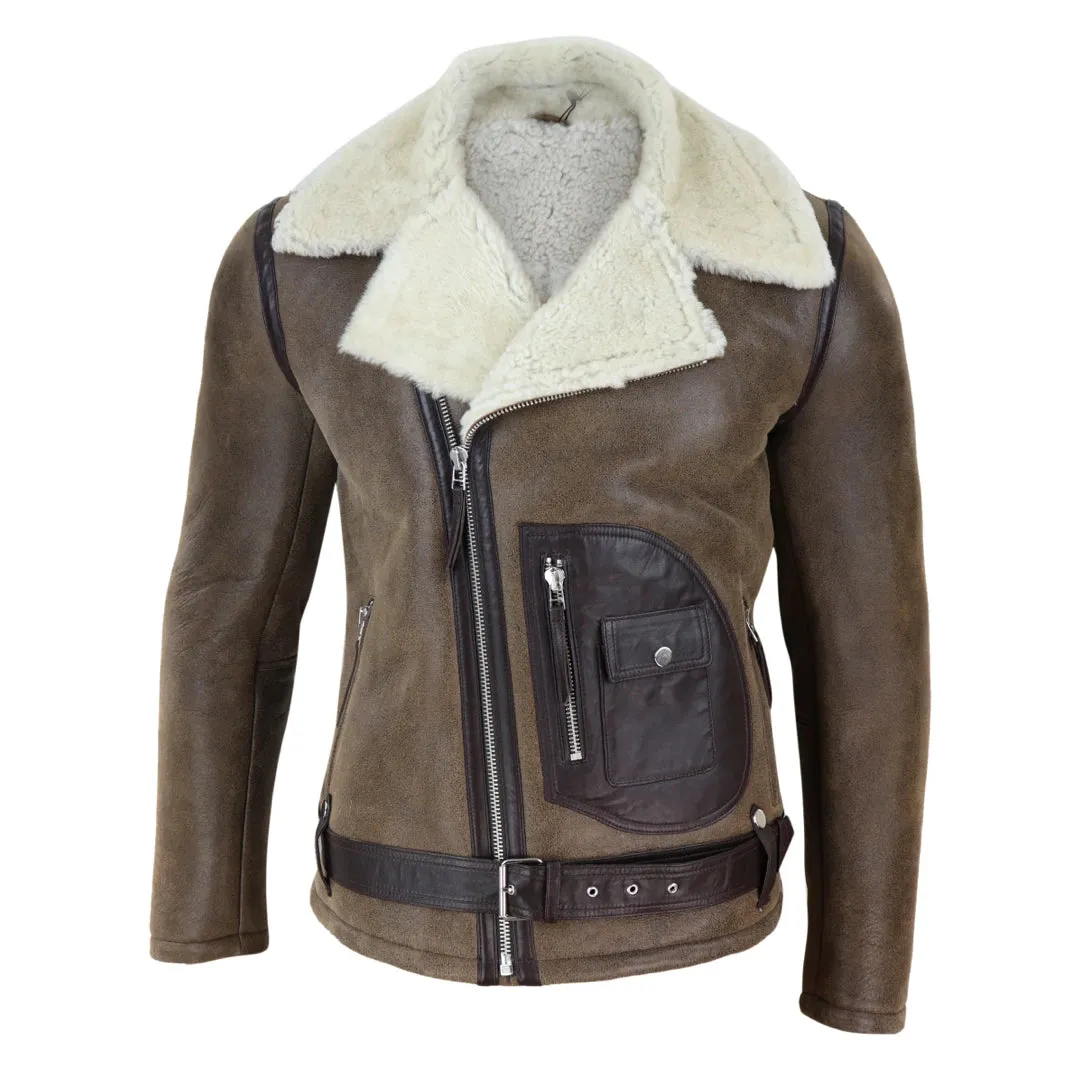 Men's Sheepskin Cross Zip Flying Jacket Pilot Flight Belt Fit Brando