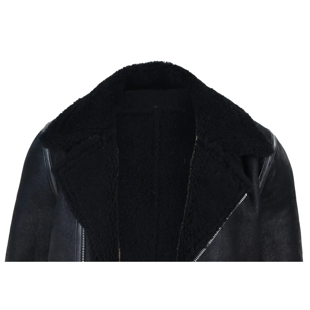 Men's Sheepskin Cross Zip Flying Jacket Pilot Flight Belt Fit Brando