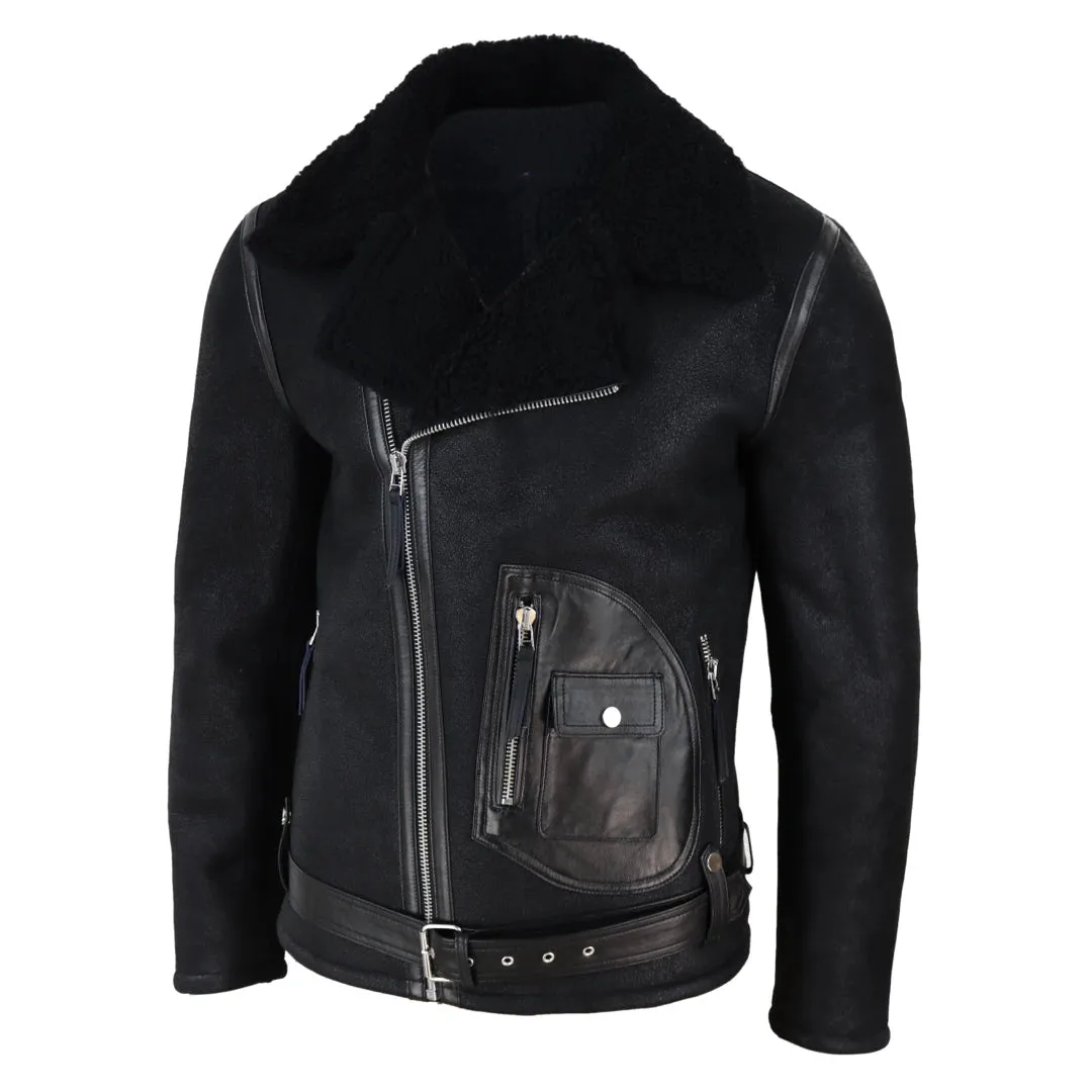 Men's Sheepskin Cross Zip Flying Jacket Pilot Flight Belt Fit Brando