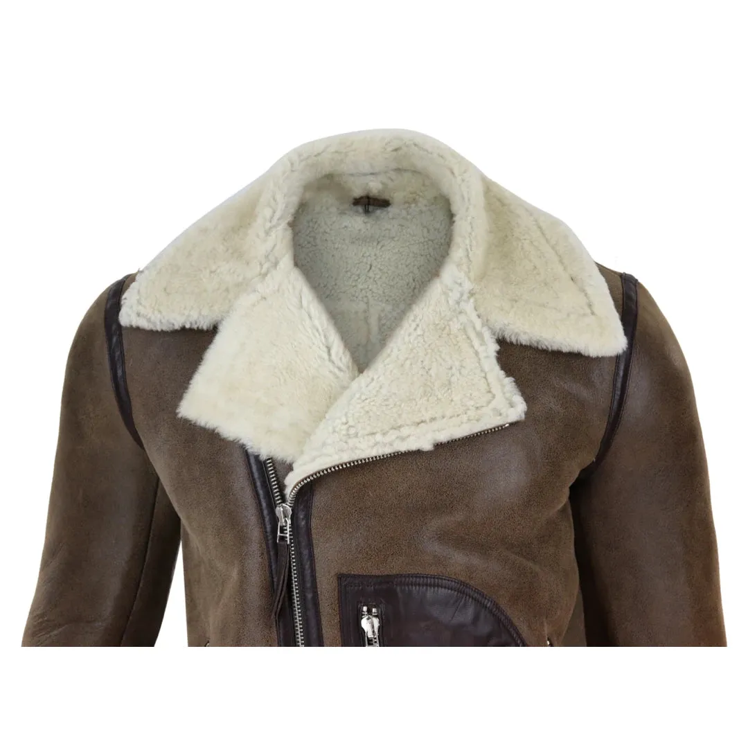 Men's Sheepskin Cross Zip Flying Jacket Pilot Flight Belt Fit Brando