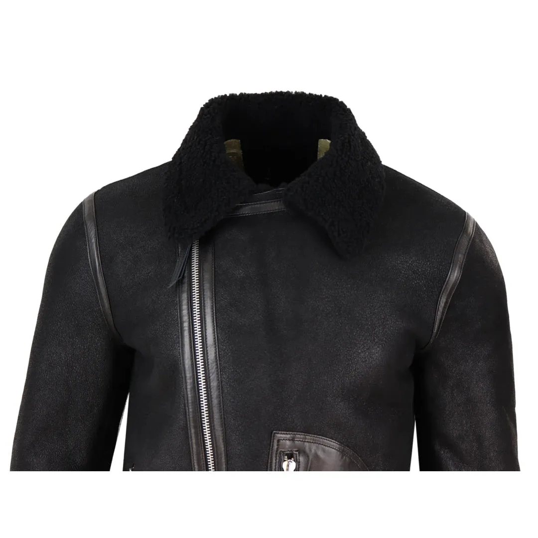Men's Sheepskin Cross Zip Flying Jacket Pilot Flight Belt Fit Brando