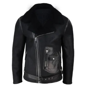 Men's Sheepskin Cross Zip Flying Jacket Pilot Flight Belt Fit Brando