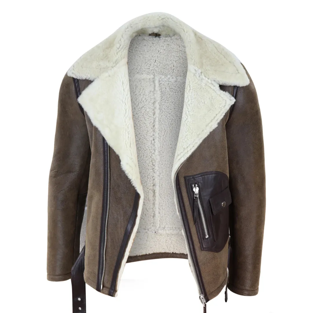 Men's Sheepskin Cross Zip Flying Jacket Pilot Flight Belt Fit Brando