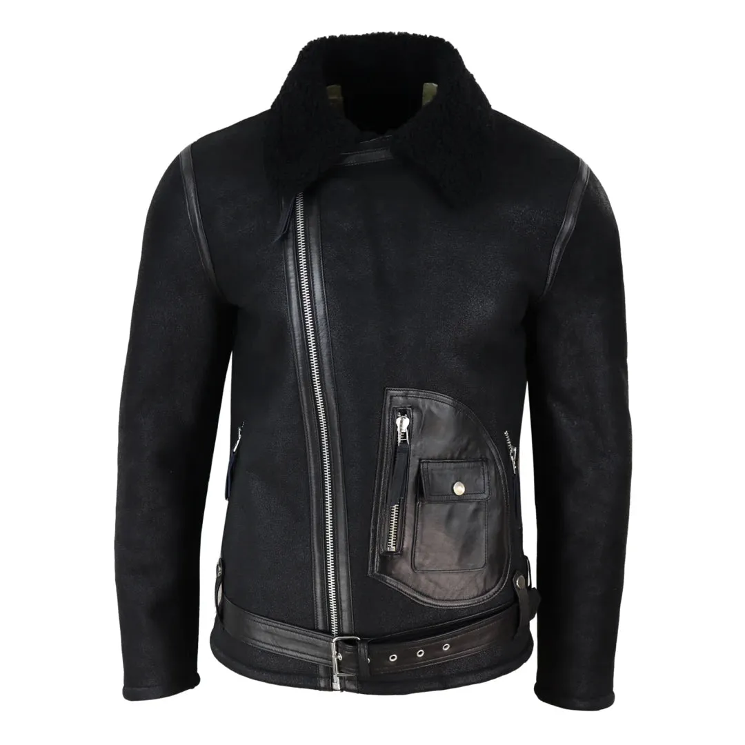 Men's Sheepskin Cross Zip Flying Jacket Pilot Flight Belt Fit Brando