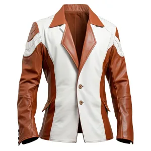Men's White-Brown Contrast Outerwear Genuine Sheepskin Leather Jacket