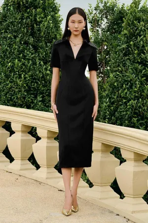 Naomi Sheath V-Neck Taffeta Midi Dress