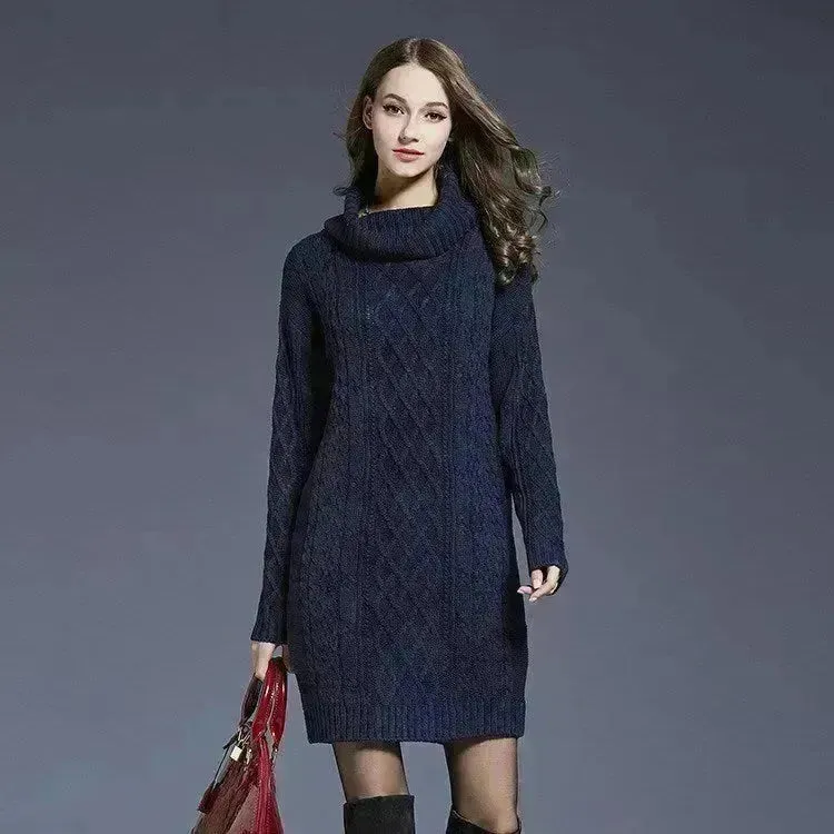 New Autumn Winter Solid Knitted Oversized Mini Turtleneck Sweater Dress