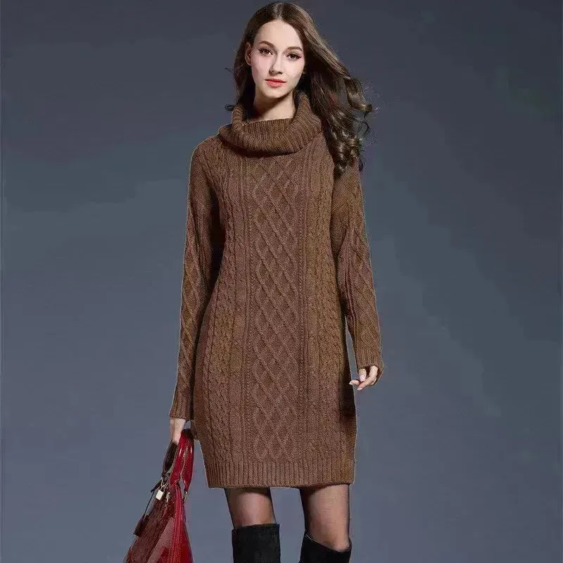 New Autumn Winter Solid Knitted Oversized Mini Turtleneck Sweater Dress