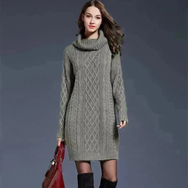 New Autumn Winter Solid Knitted Oversized Mini Turtleneck Sweater Dress