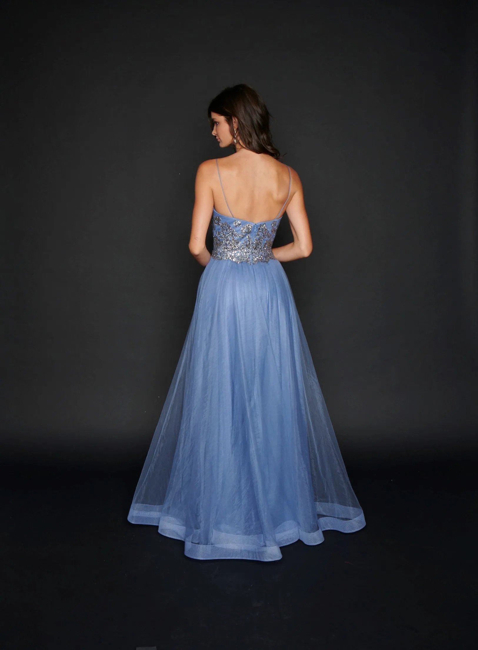 Nina Canacci 1522 Size 10 Steel Blue Long A Line Glitter Prom Dress Formal Party Gown V Neck
