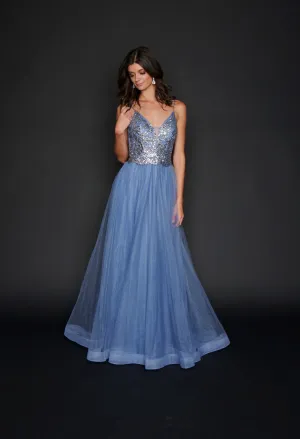 Nina Canacci 1522 Size 10 Steel Blue Long A Line Glitter Prom Dress Formal Party Gown V Neck