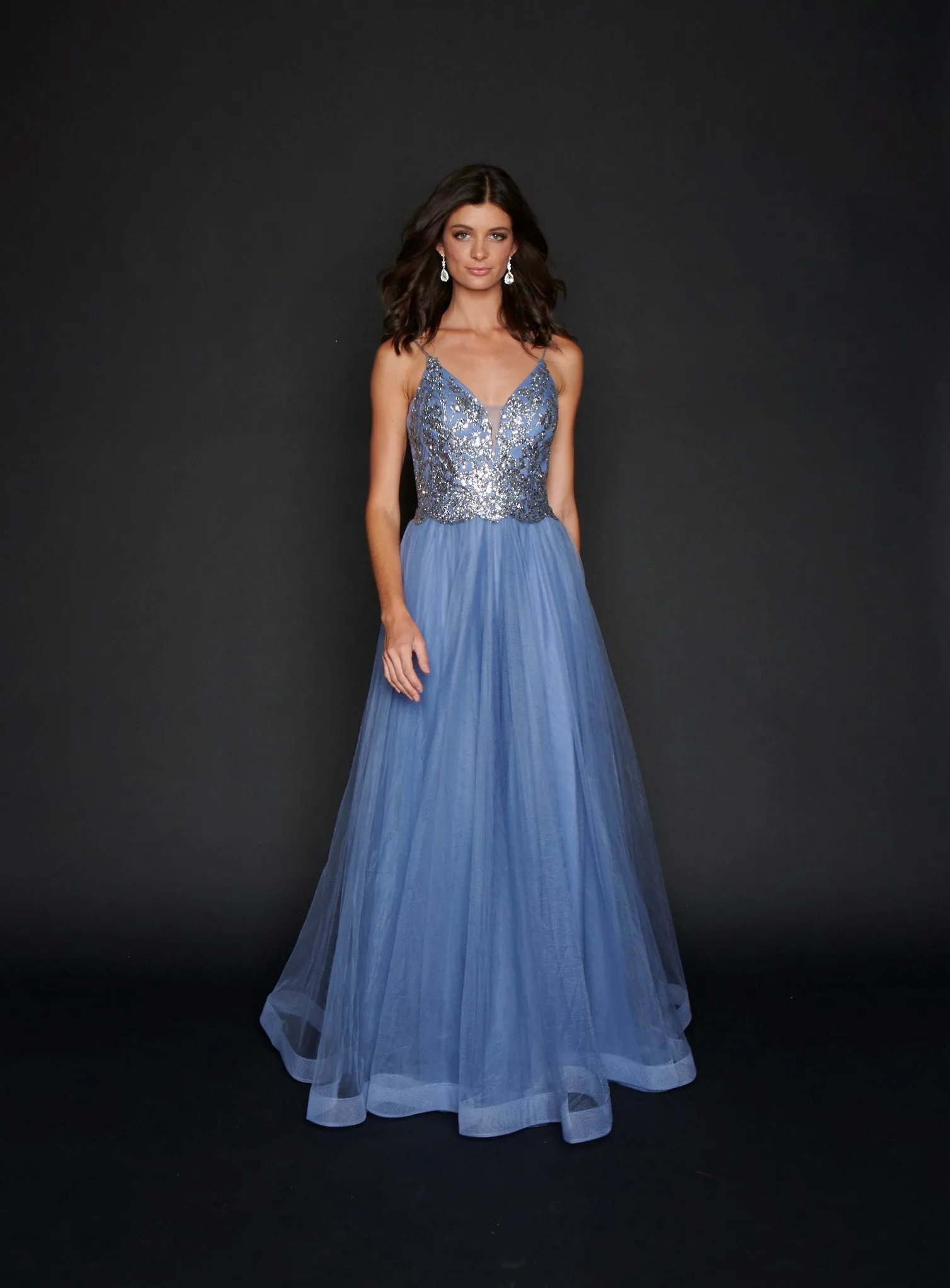 Nina Canacci 1522 Size 10 Steel Blue Long A Line Glitter Prom Dress Formal Party Gown V Neck