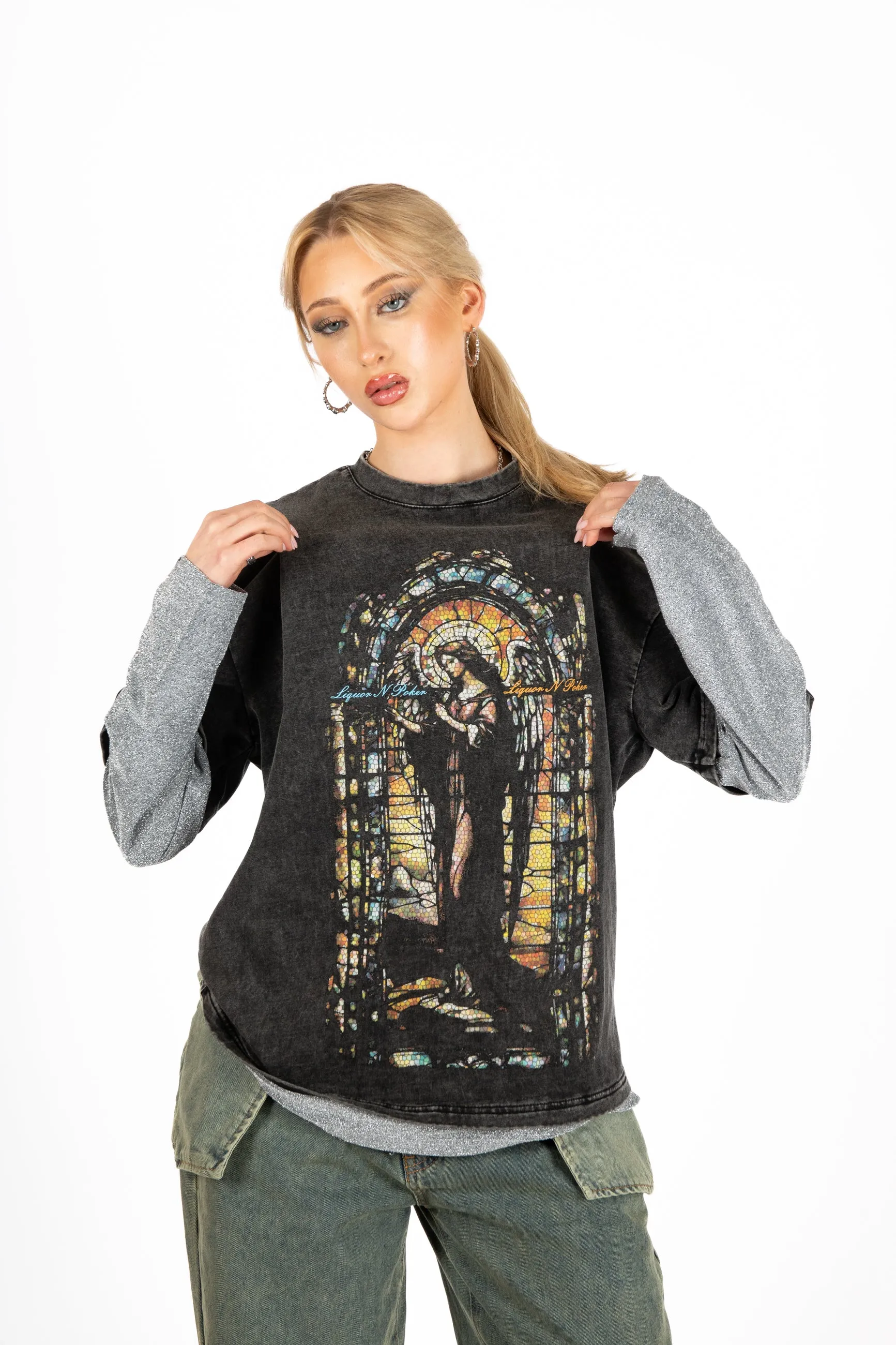 Oversized Charcoal Long Sleeve "Renaissance" Graphic Printed T-Shirt