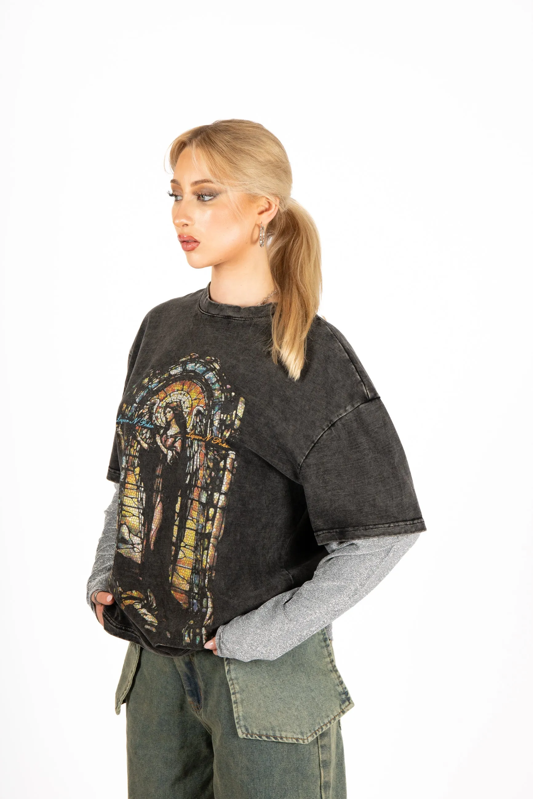 Oversized Charcoal Long Sleeve "Renaissance" Graphic Printed T-Shirt