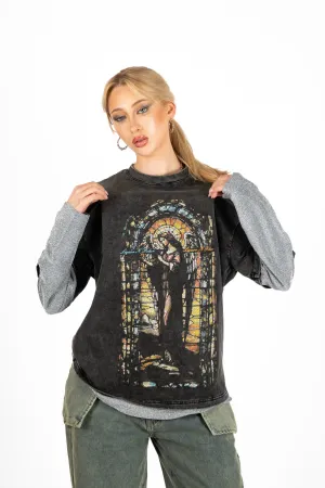 Oversized Charcoal Long Sleeve "Renaissance" Graphic Printed T-Shirt
