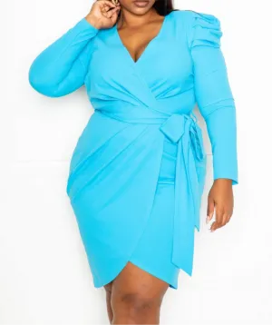 Padded Shoulder Wrap Midi Dress