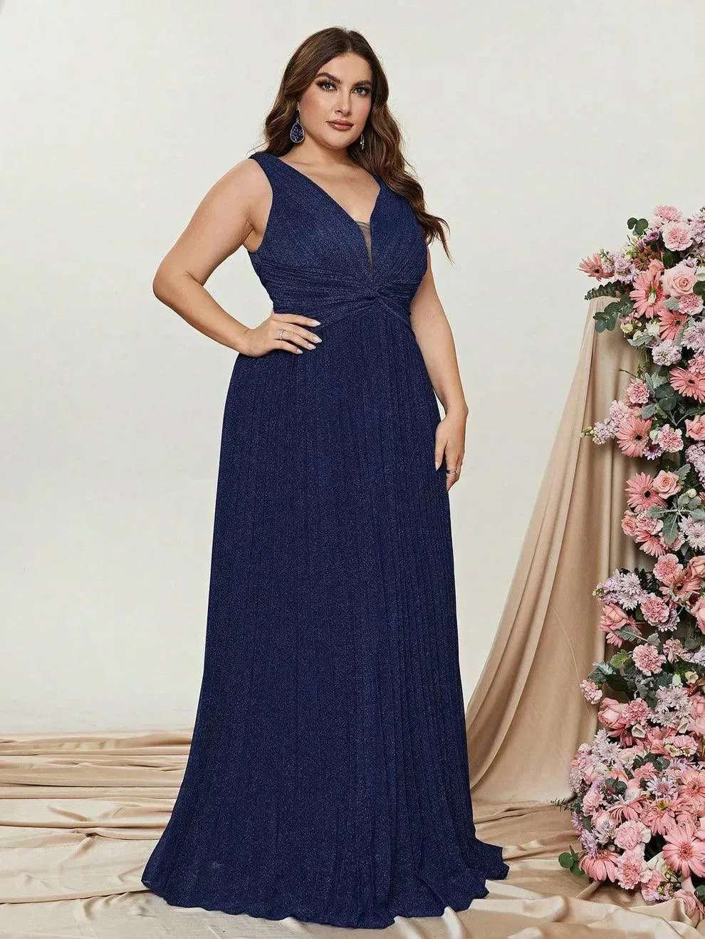 Plus Glitter V Neck Sleeveless Maxi A Line Pleated Gown