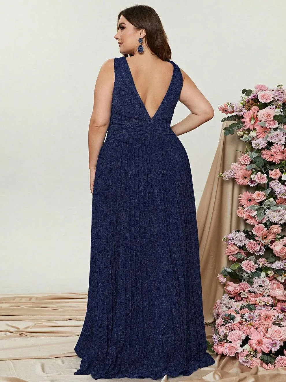 Plus Glitter V Neck Sleeveless Maxi A Line Pleated Gown