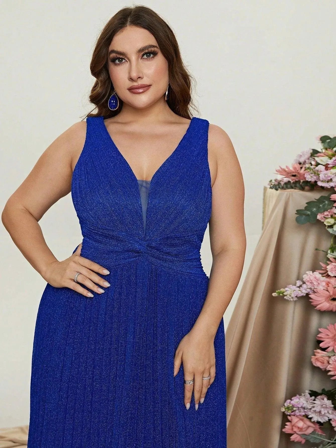 Plus Glitter V Neck Sleeveless Maxi A Line Pleated Gown