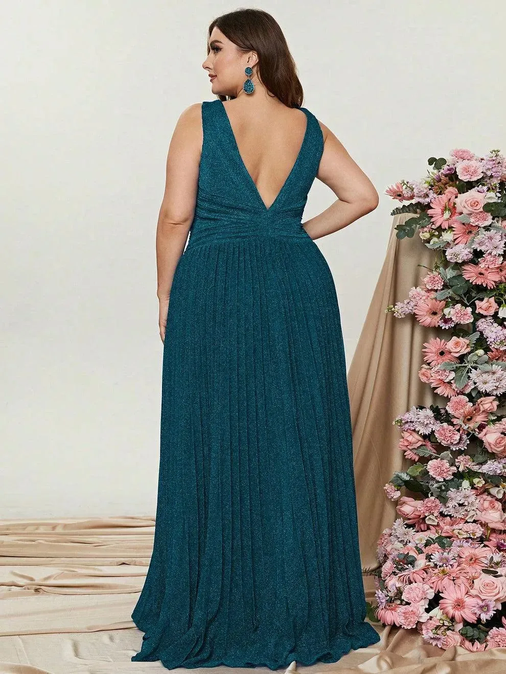 Plus Glitter V Neck Sleeveless Maxi A Line Pleated Gown