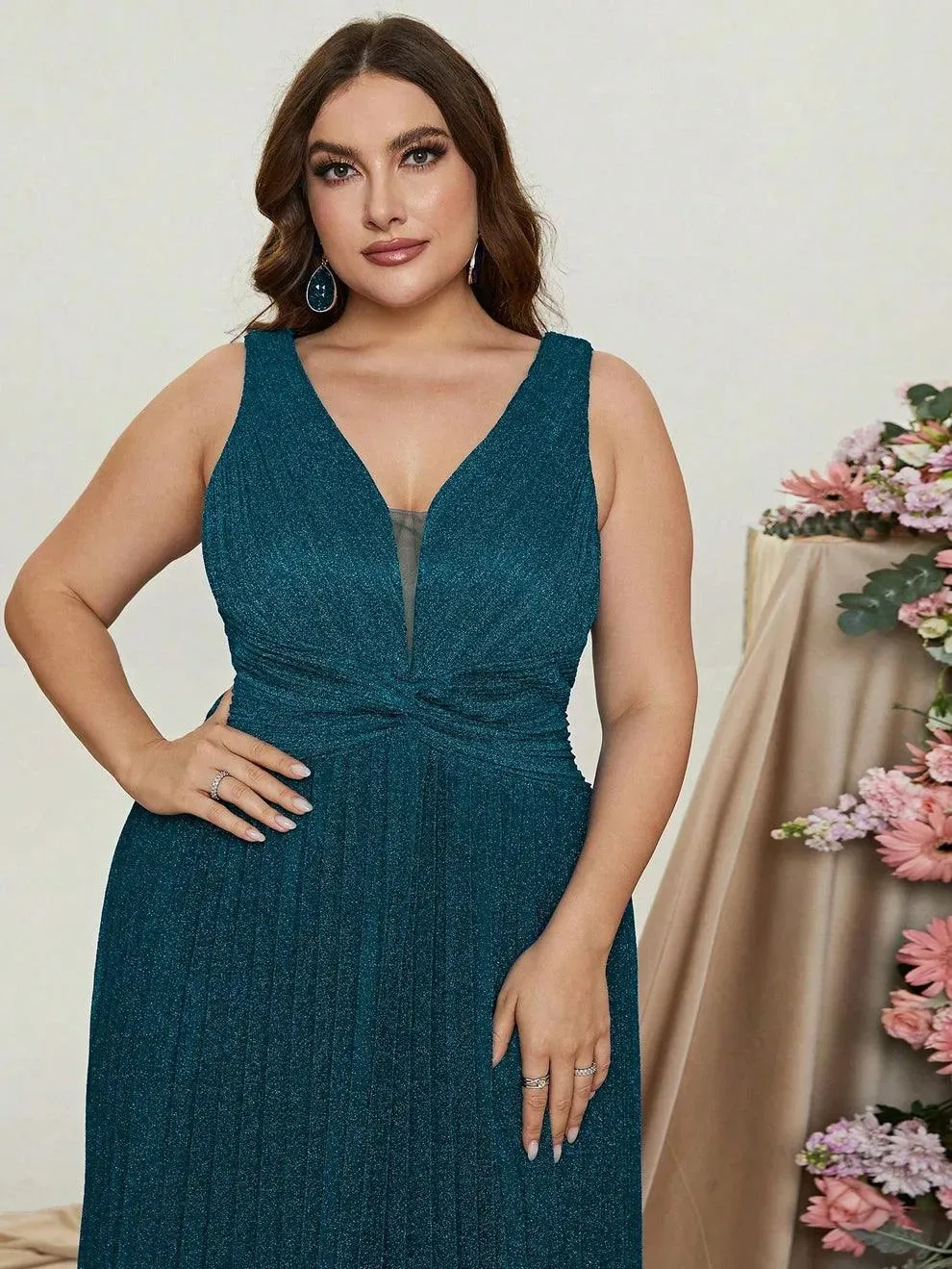 Plus Glitter V Neck Sleeveless Maxi A Line Pleated Gown