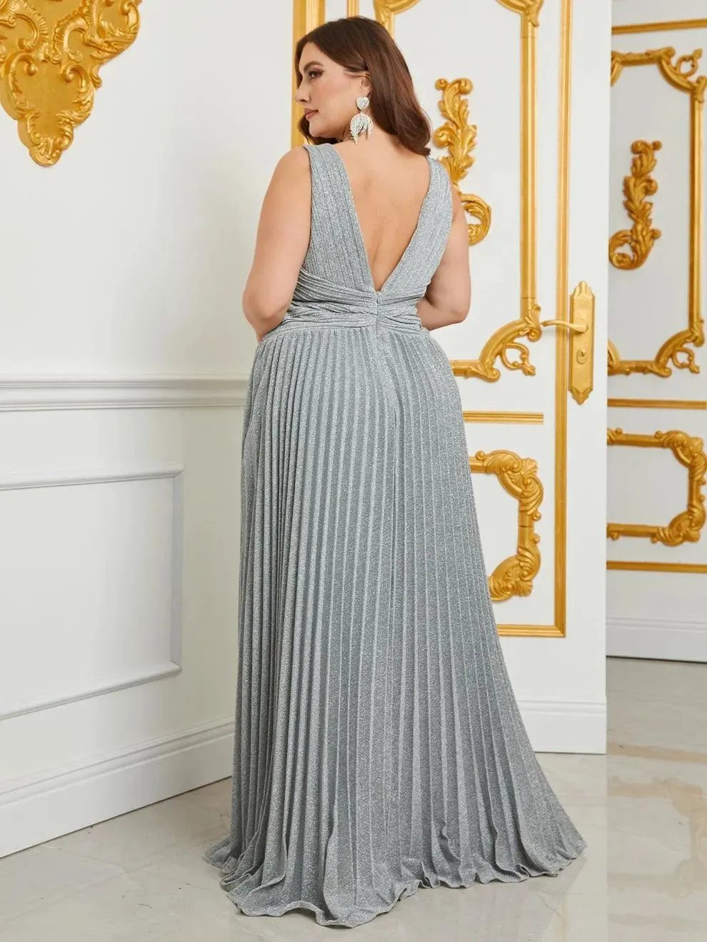 Plus Glitter V Neck Sleeveless Maxi A Line Pleated Gown