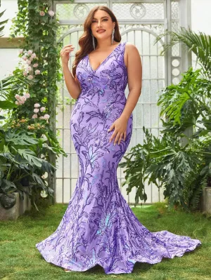 Plus Plunging Neck Sleeveless Sequin Mermaid Prom Dress