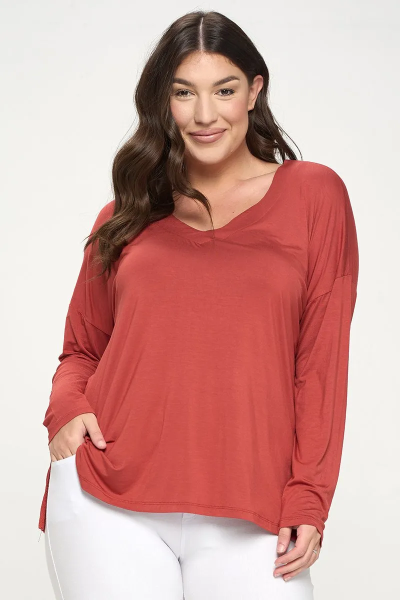 Plus Size Basic V-Neck Solid Long Sleeve Top