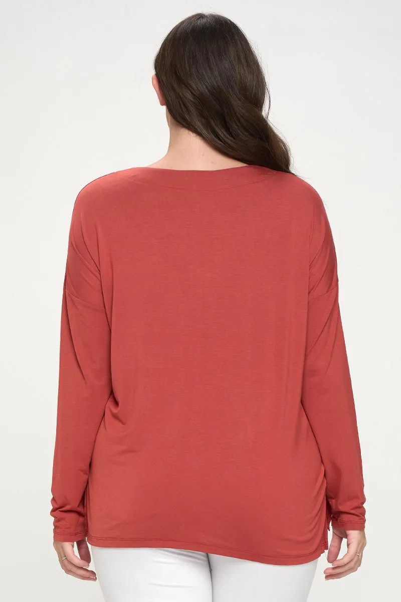 Plus Size Basic V-Neck Solid Long Sleeve Top