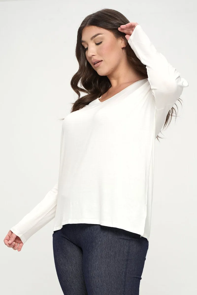 Plus Size Basic V-Neck Solid Long Sleeve Top