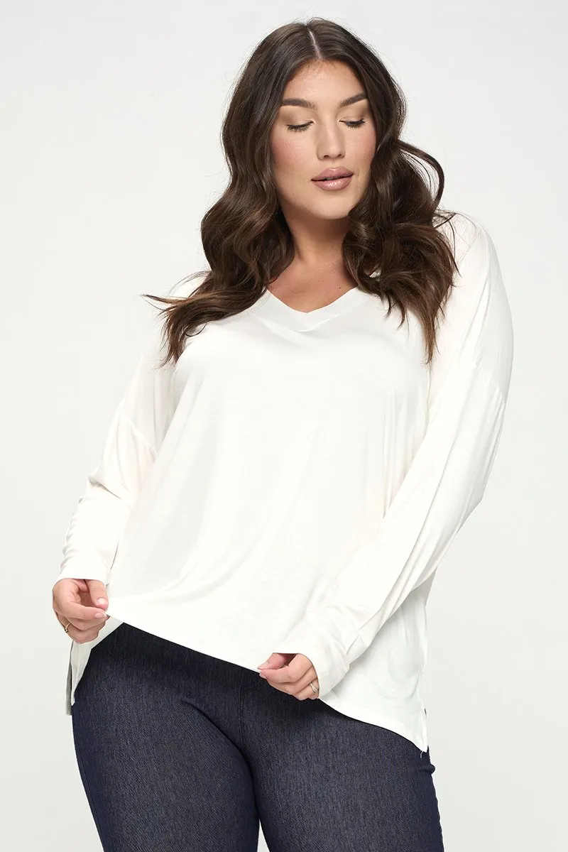 Plus Size Basic V-Neck Solid Long Sleeve Top