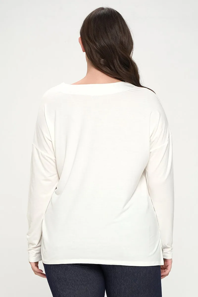 Plus Size Basic V-Neck Solid Long Sleeve Top